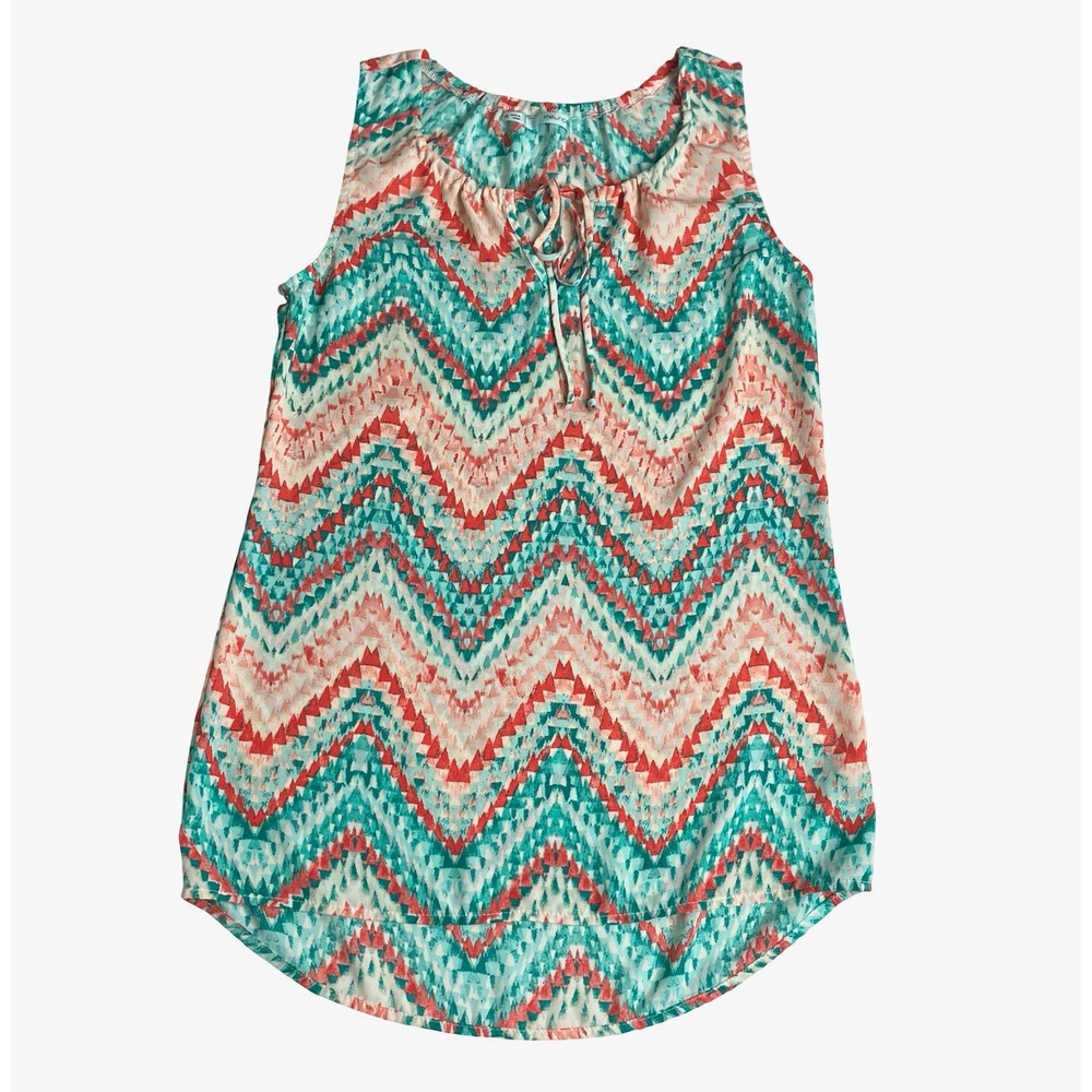 Maurices Tank Top Women XS Teal Coral Chevron Geometric Tie Neck Sleeveless Boho
